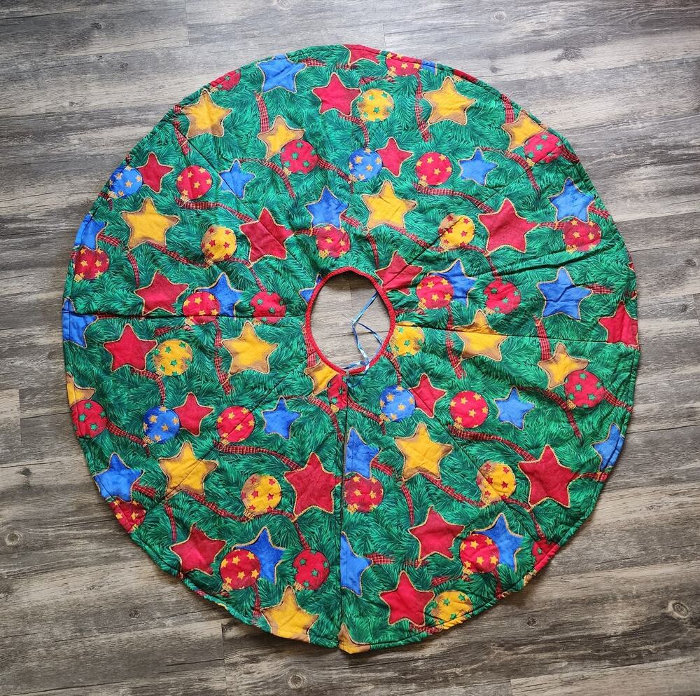 Vintage Christmas Tree Skirt Red Green Ornaments Stars Stitched Cotton 43”